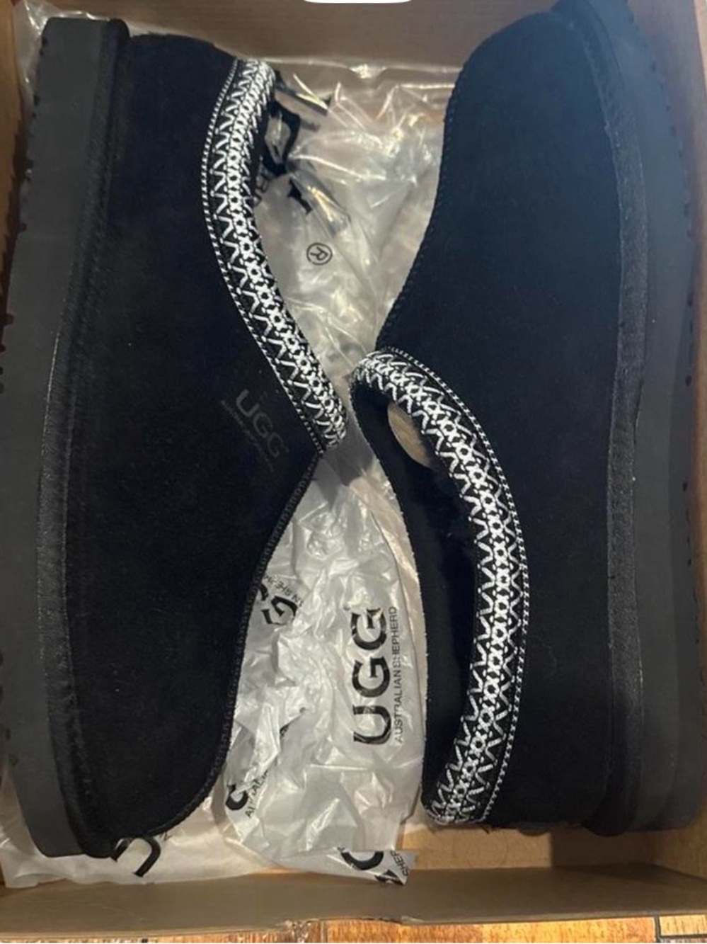 UGG men’s Black Suede Slip-On Moccasin Slippers with Patterned Trim
